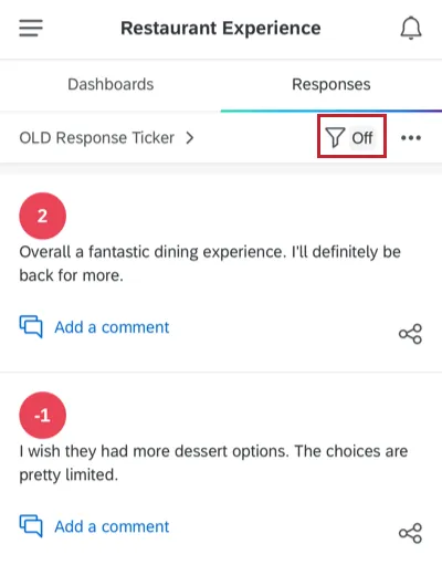 Responses shown in app. Filter icon upper-right