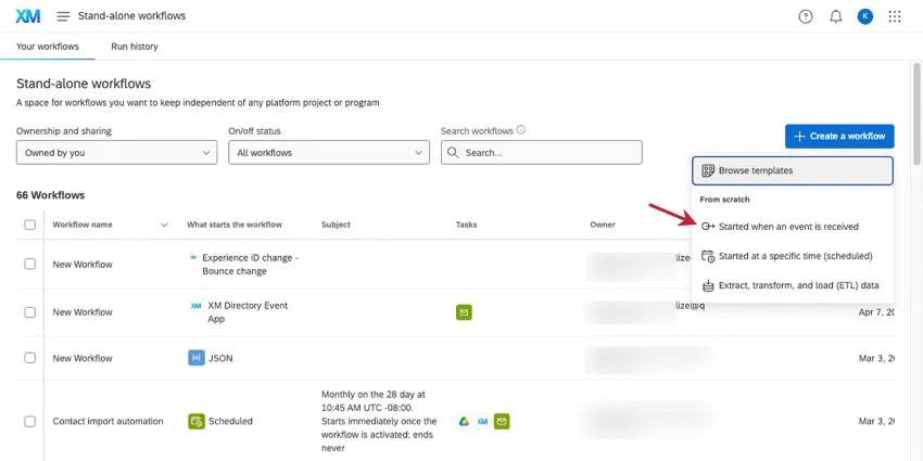 On the global workflows page creating a new workflow that starts once an event is received