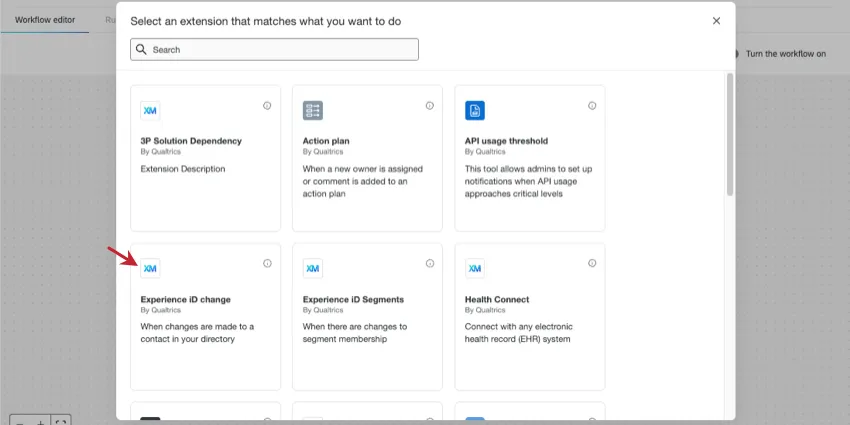 new window where you select event, experience ID change event highlighted