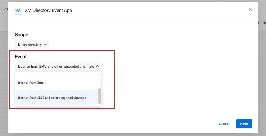 XM Directory Ereignis App Fenster, in dem das Ereignis-Menü geöffnet wird, um Bounce von E-Mail und Bounce von SMS anzuzeigen