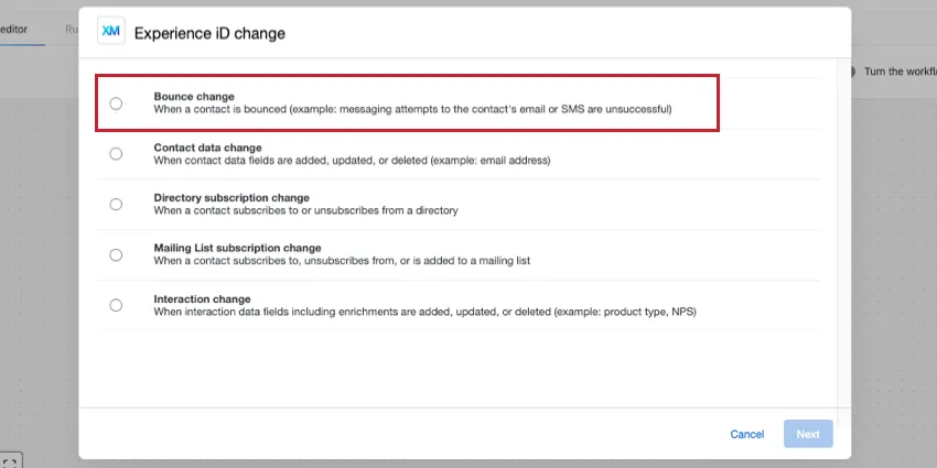 window from Experience ID change that shows the bounce change option