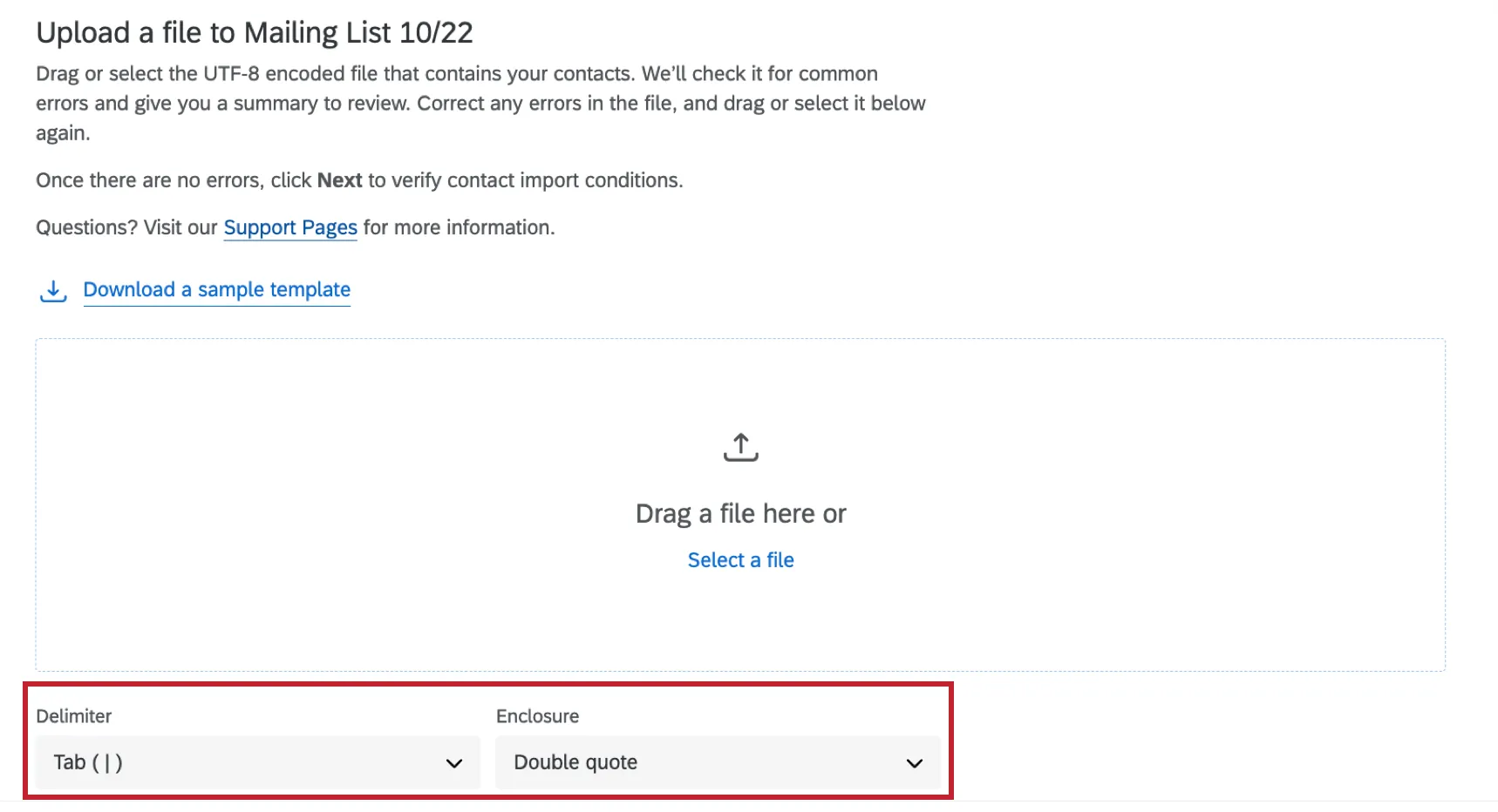 options to adjust file delimiters when importing contacts