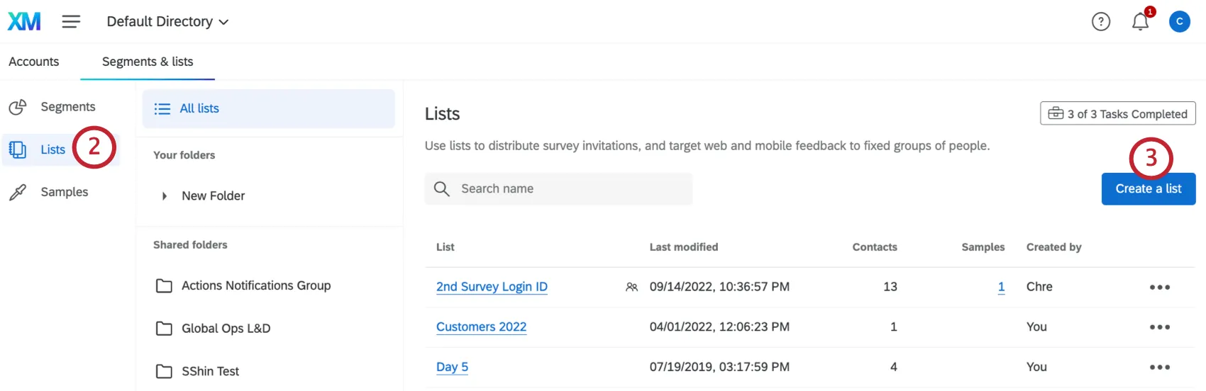 The lists tab on the upper-left and the Create a list button on the top-right of the page