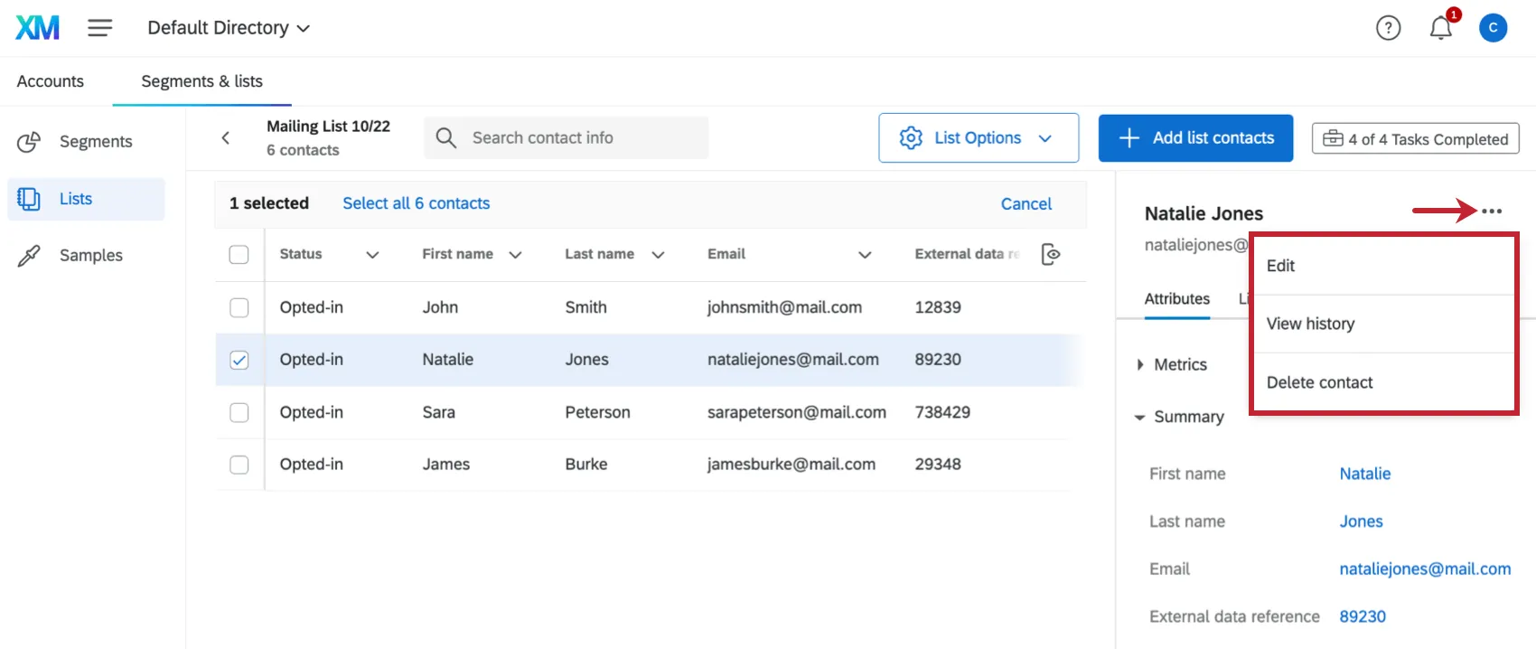 menu daction des contacts lorsquun seul utilisateur est sélectionné