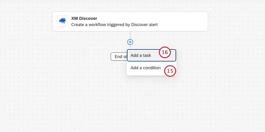 clicking the plus sign opens a menu with the options to add tasks or conditions