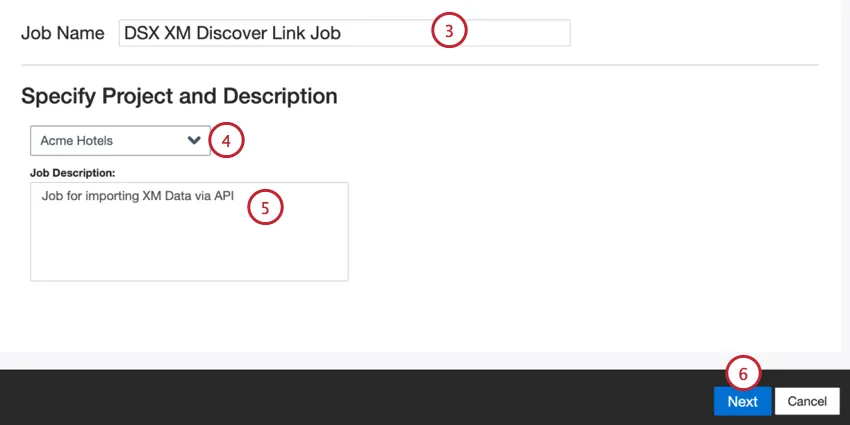 naming the job, choosing a project, and entering a description