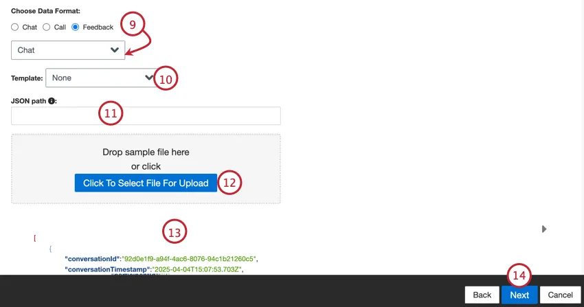 choosing a data format, entering a json path, and uploading a template