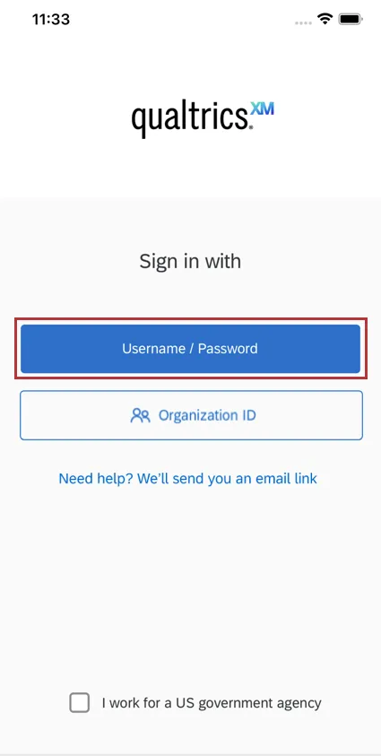 the username / password button on the login screen