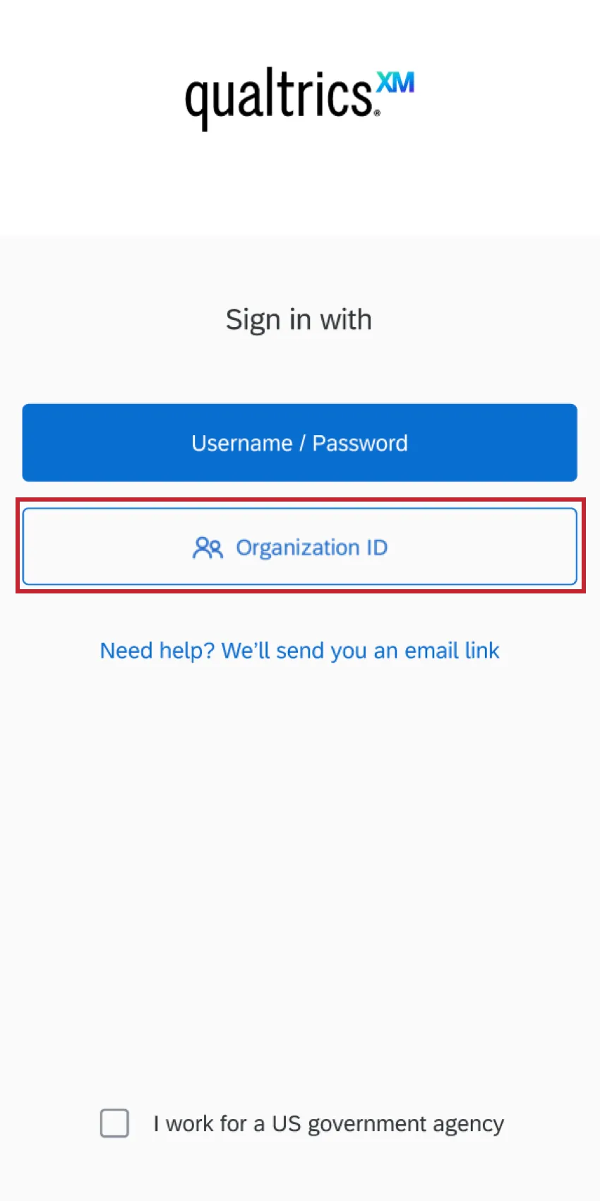 the organization id button on the login screen