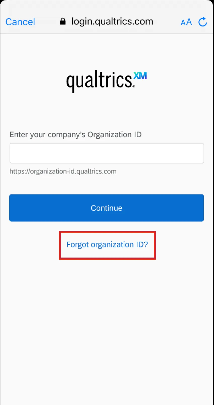 Texto que dice ¿Olvidó el ID de la organización ?