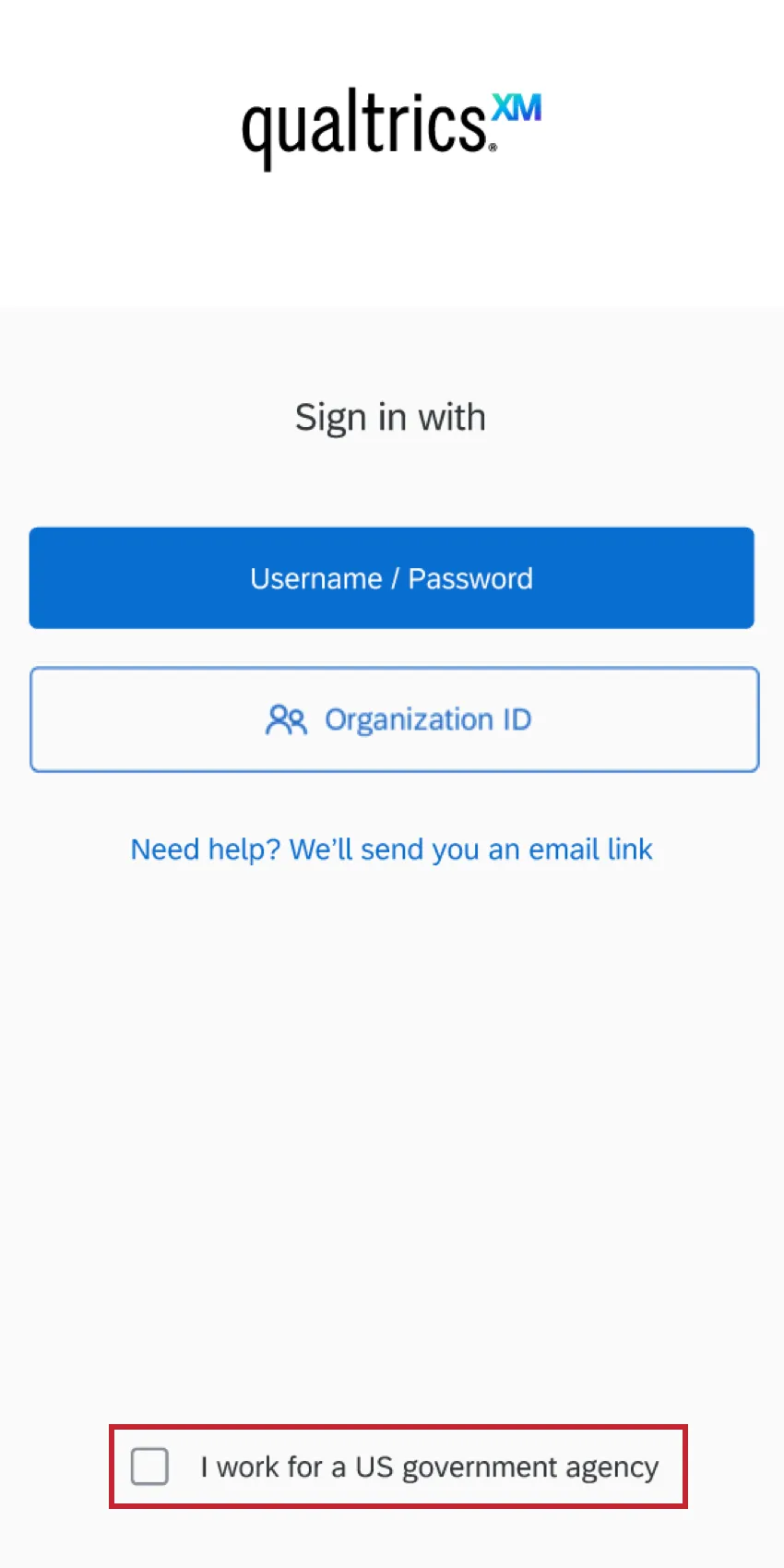 Bottom of the login screen, an option for indicating you are from a US government agency