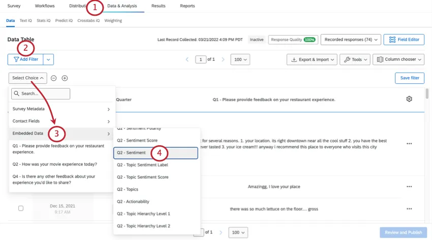 Aggiunta di un filtro per lanalisi del sentiment in DATI E ANALISI; Analisi