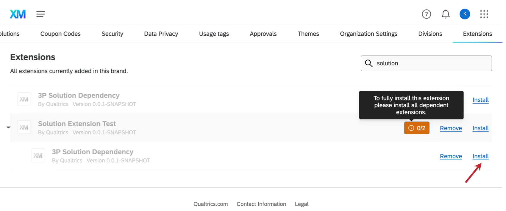 Image of how dependencies may appear in Extensions page, indented under the primary solution