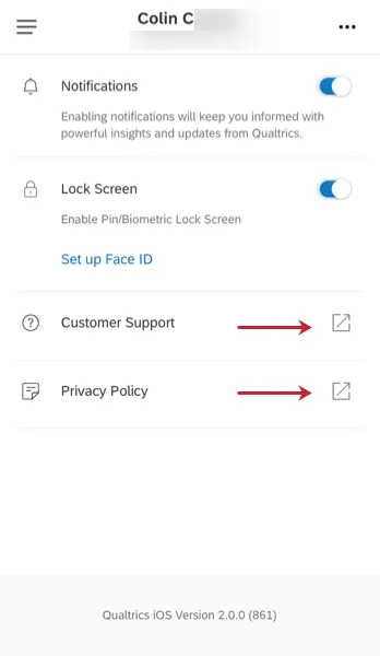 the customer support and privacy policy links in settings