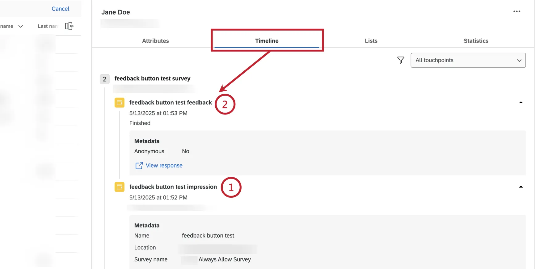 visualização de pontos de contato digital na guia pontos de contato no diretório xm