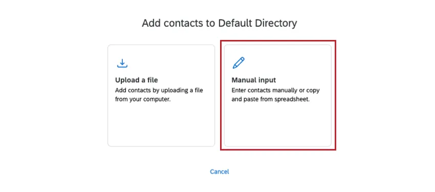 On the Add Contacts window the Manual Input option is on the right