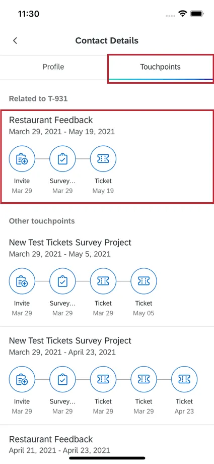 Touchpoints section of the XM Directory profile card