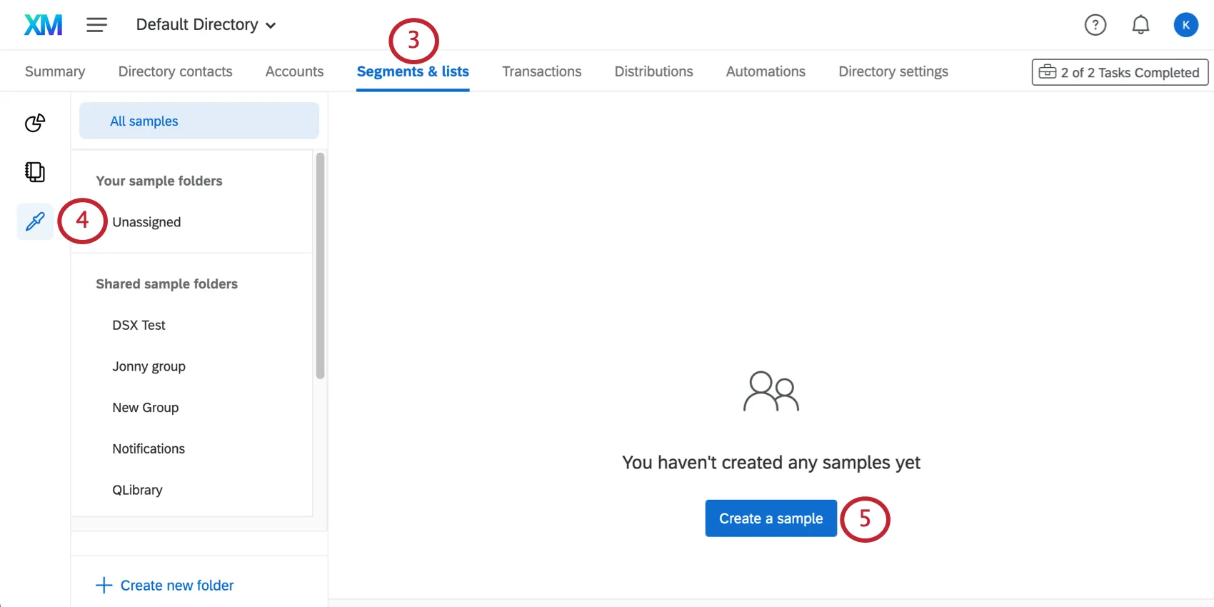 The samples section of the segments and lists tab is open
