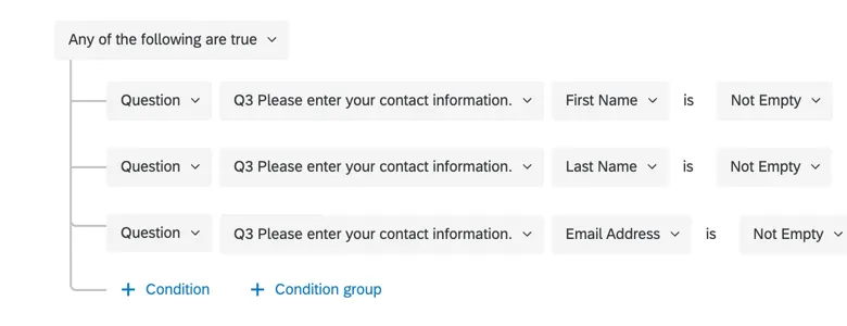 image of action conditions set to allow the action to fire if the respondent answered specific questions in the survey
