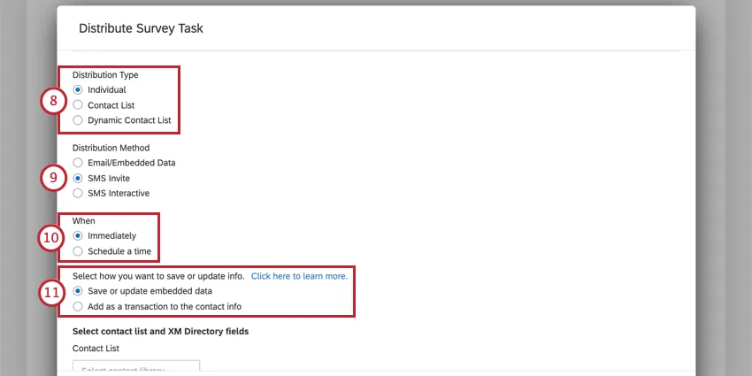 image of the xm directory task with the sms invite distribution method selected