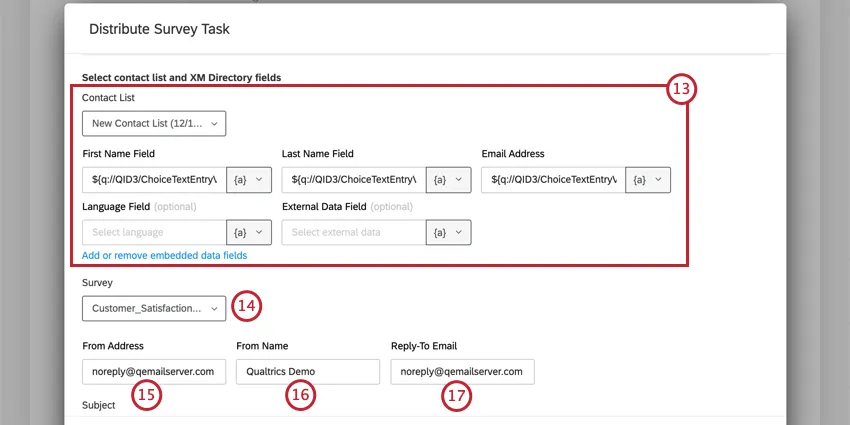 image of the xm directory task for sending an email with the contact fields highlighted. below that, info on the sender, such as from email, name, and reply to email