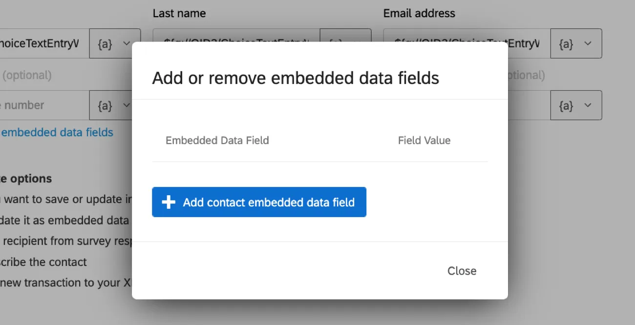 image of the add or remove embedded data fields window
