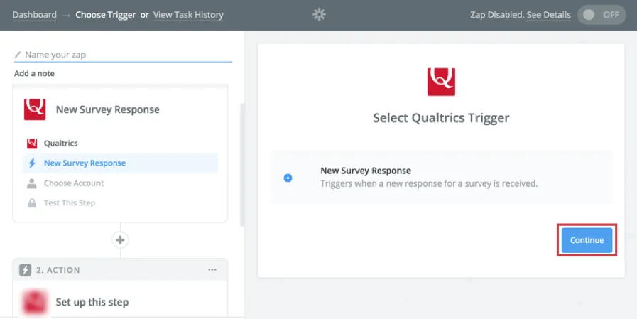 Zapier is open. blue continue button in bottom-right