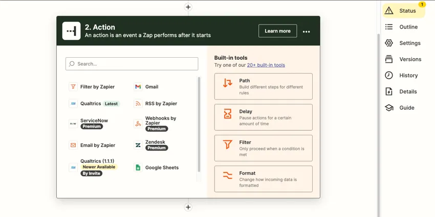 Etapa de ação para criar um zap