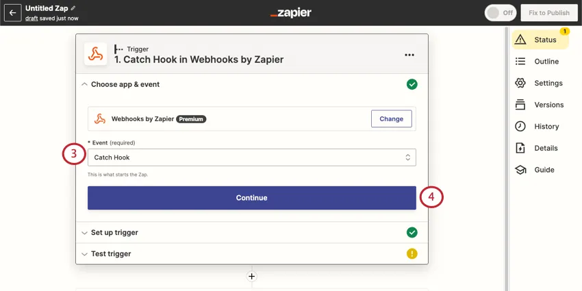 La finestra dice di scegliere lapp e levento e sotto webhooks by zapier cè un menu a tendina per gli eventi