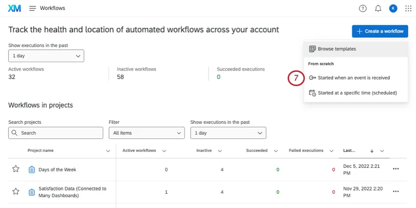 Página de fluxos de trabalho, destacando a opção baseada em eventos