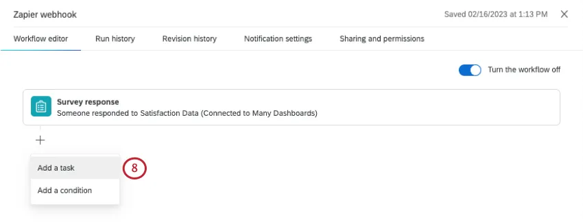 A workflow that starts with a survey response event, then the plus sign is clicked so you can see the Add Task button