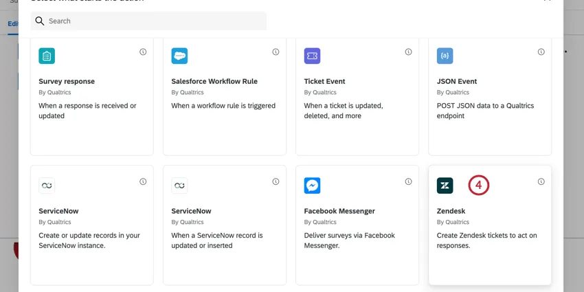 escolhendo o evento do zendesk