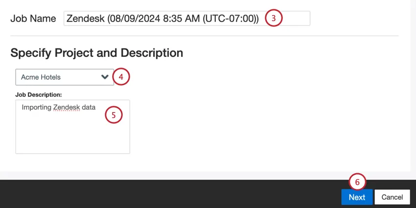 naming the job, choosing a project, and entering a description