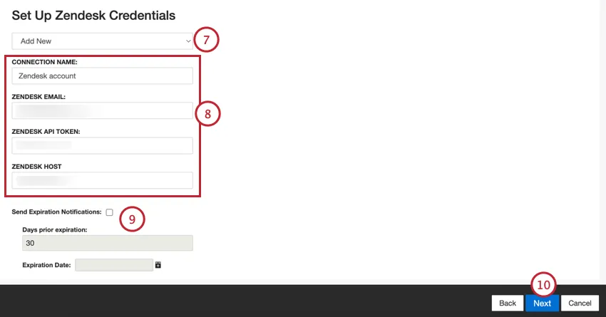 utilizzare il menu a tendina per scegliere un account Zendesk o aggiungerne uno nuovo