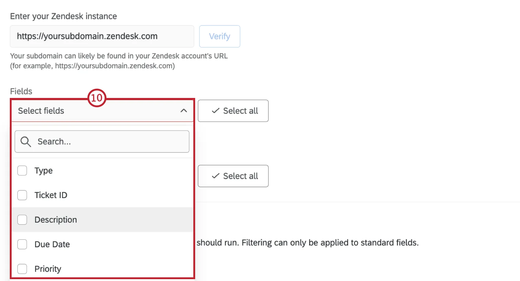 revisando os campos e, em seguida, escolhendo as alterações do tíquete do zendesk para monitorar
